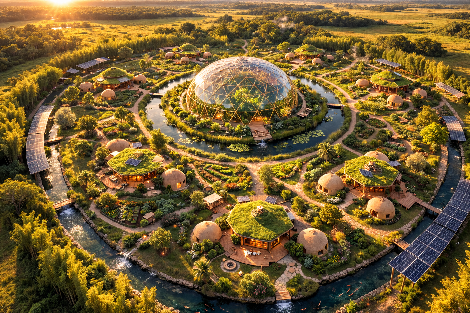 Aerial view of a regenerative settlement — ecological compounds, greenhouses, gardens, and a central dome surrounded by water and life.